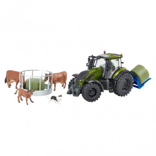  Britains Metallic Olive Green Valtra Playset (+ cow feeder + bale lifter)