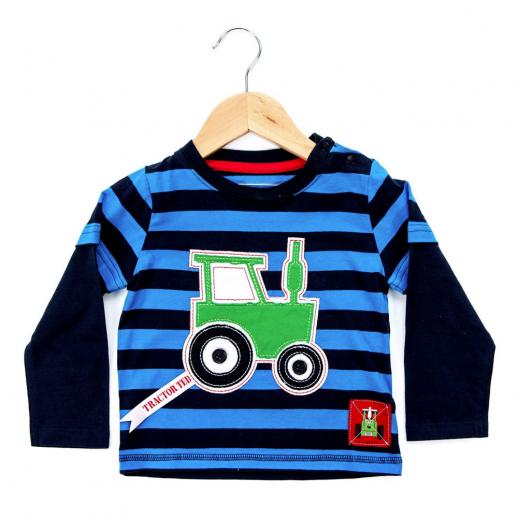  Tractor Ted Stripey Applique Long Sleeve Blue T-Shirt